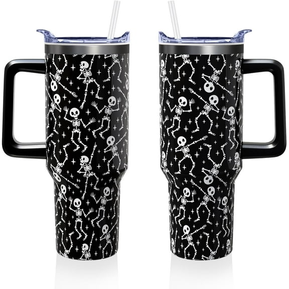 Halloween Goth Skeleton 40 oz Tumbler with Lid Handle and Straw Spooky Gothic Skull Stainless Steel Double Walled Insulated Cups Halloween Travel Mug Gifts for Men and Women (1PC)