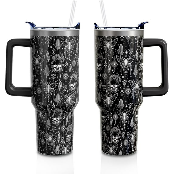 Halloween Goth Skull 40oz Tumbler Cup with Handle and Straw, Witch Moth Gifts for Women Girls, Holiday Stainless Steel Insulated Water Bottle 1PC