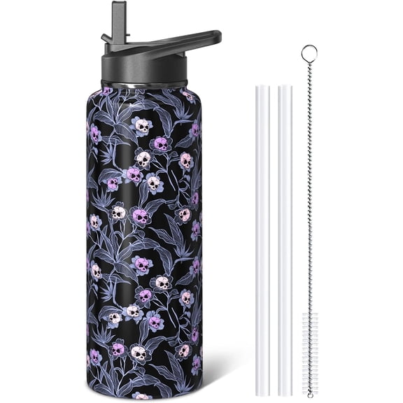 Halloween Goth Skull 40oz Water Bottles with Flip Straw & Spout Lid, Gothic Floral Stainless Steel Travel Sport Water Bottle, Holiday Gifts for Women Girls (1 PC)