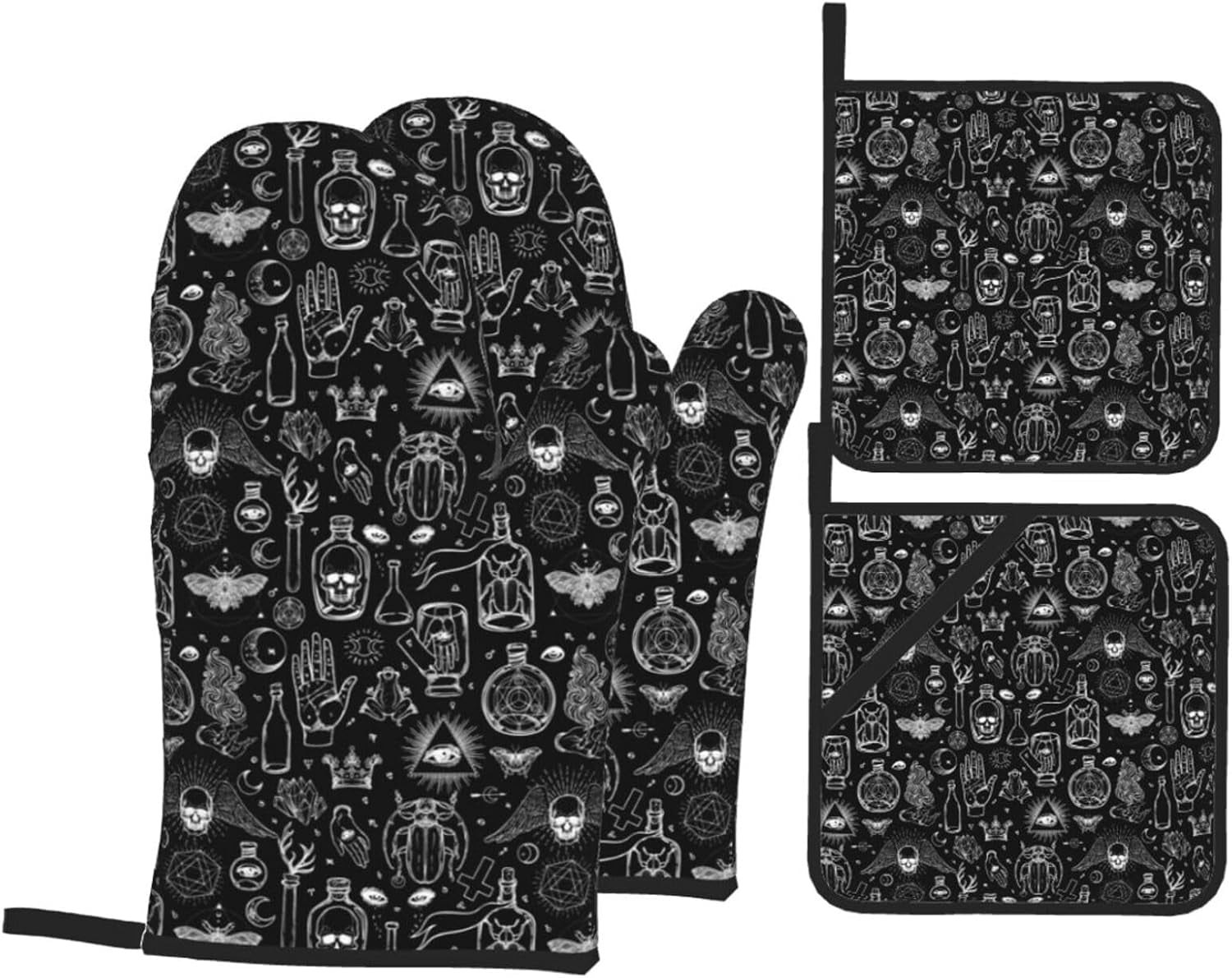Halloween Goth Skull Oven Mitts Pot Holders Set of 4, Kitchen Gloves Potholders Heat Resistant for Chef Baking Cooking Grilling BBQ