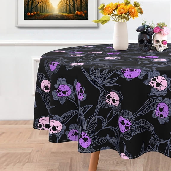 Halloween Goth Skull Tablecloth, Gothic Skeleton Kitchen Table Decor 60x60 Inch Round