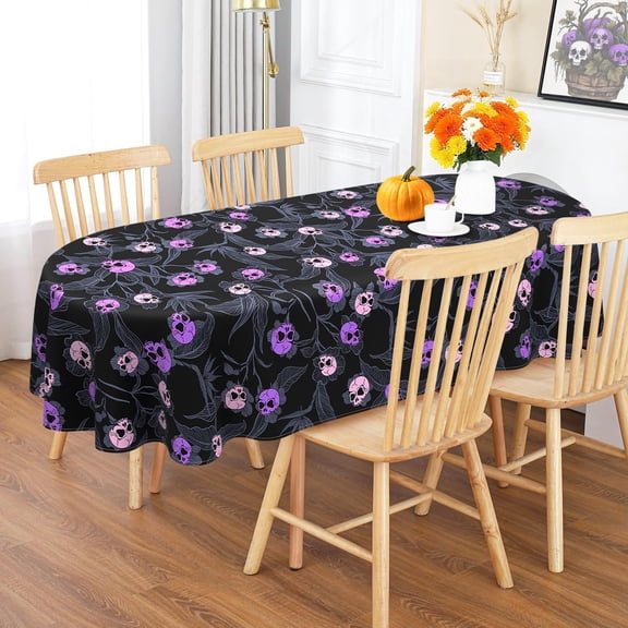 Halloween Goth Skull Tablecloth, Gothic Skeleton Table Cloth Waterproof, Halloween Kitchen Table Decor for Dining Holiday Party 60x102 Inch Oval