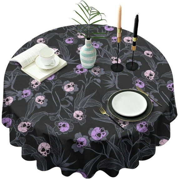 Halloween Goth Skull Tablecloth, Gothic Skeleton Table Cloth Waterproof, Halloween Kitchen Table Decor for Dining Holiday Party 60x60 Inch Round