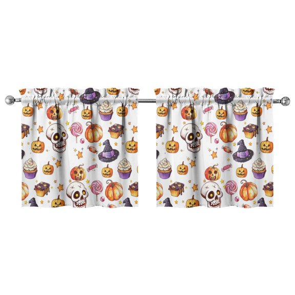 Halloween Gothic 2 Pack Tier Curtains Featuring Skull and Witch Pattern, Rod Pocket Kitchen Window Treatment 27.5x24in(70x60cm) Kitchen Curtains