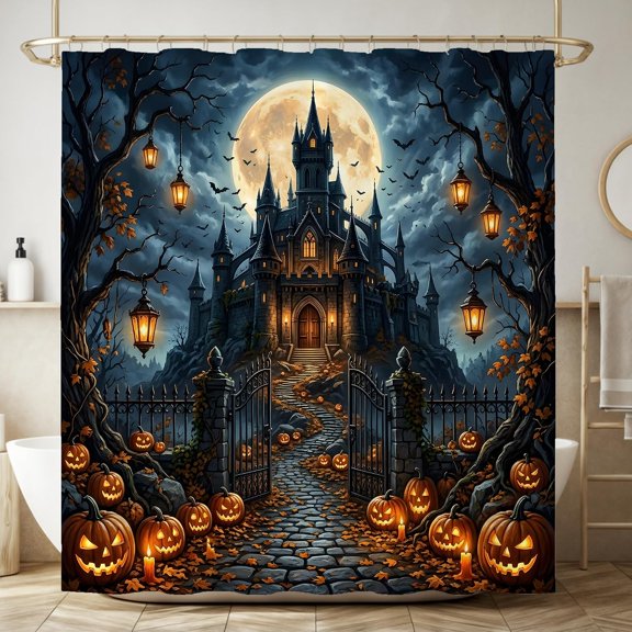 Halloween Gothic Castle Spooky Pumpkin Lantern Window Treatment Shower Curtain Gothic Bathroom Curtain Polyester Fabric 72x72 Inch