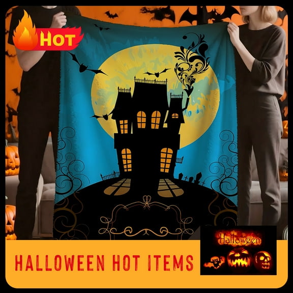 Halloween Gothic Castle Throw Blanket - Spooky Haunted House Design with Bats & Full Moon, Soft Polyester Bedspread for Couch, Bed, or Party Decor, Machine Washable All-Season Indoor/Outdoor Use, Mul