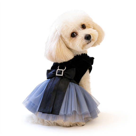 Halloween Gothic Dog Dress, Pet Tutu Outfit with Black Velvet Top and Grey Blue Tulle Skirt, Big Black Bow with Rhinestone Buckle, Party Apparel, for Small Medium Girl Dogs