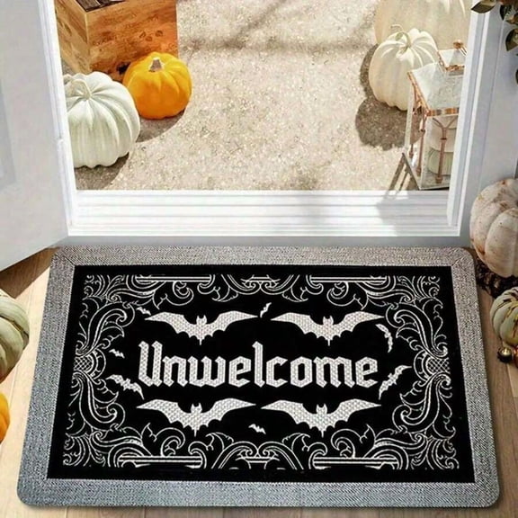 Halloween Gothic Doormat 40*60cm, Black Base With Silver Bat Pattern, Flannel Material, Unwelcome Text, Outdoor Indoor Use