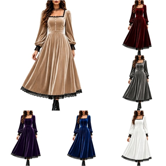 Halloween Gothic Dresses for Women Fall Winter Square Neck Lace Slim Velvet Dress Elegant Vintage Gothic Party Outfit
