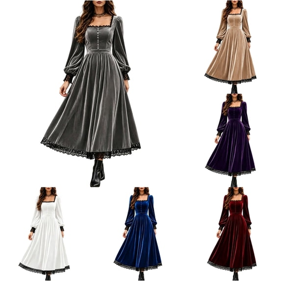Halloween Gothic Dresses for Women Fall Winter Square Neck Lace Slim Velvet Dress Elegant Vintage Gothic Party Outfit
