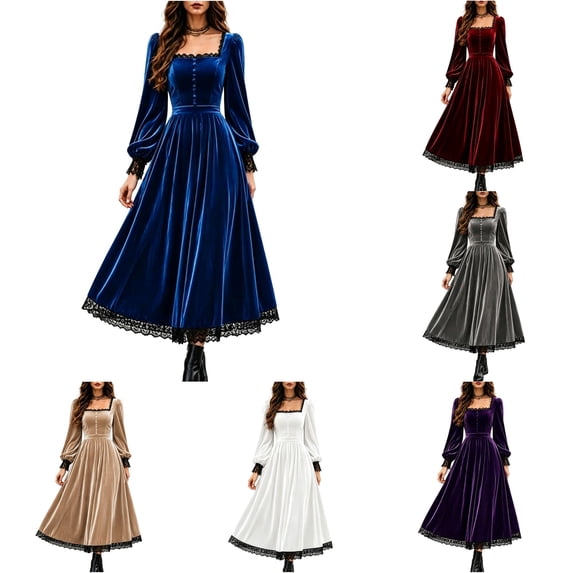 Halloween Gothic Dresses for Women Fall Winter Square Neck Lace Slim Velvet Dress Elegant Vintage Gothic Party Outfit