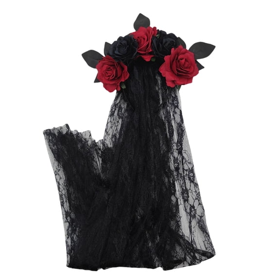 Halloween Gothic Flower Garland Hairband Black Veil Headpiece Halloween Costume Accessory Party Cosplay Headwear Decoration Floral Crown Halloween Wedding Festival Photo Prop Use Set Item