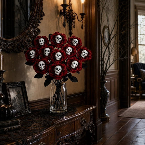 Halloween Gothic Flowers, Silk Halloween Roses Artificial Flowers, Long Faux Roses Bouquet for Wedding Centerpieces Halloween Gothic Decorations