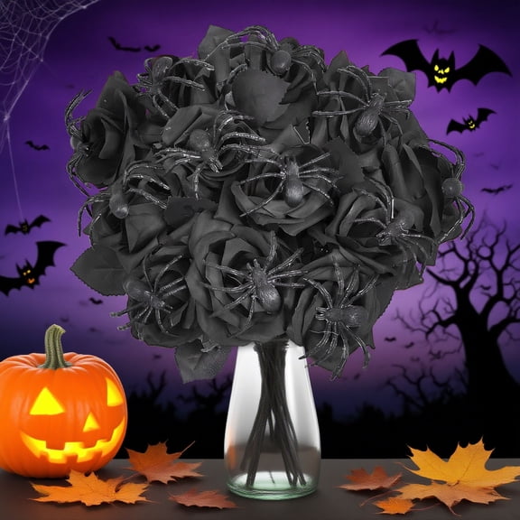 Halloween Gothic Flowers, Silk Halloween Roses Artificial Flowers, Long Faux Roses Bouquet for Wedding Centerpieces Halloween Gothic Decorations