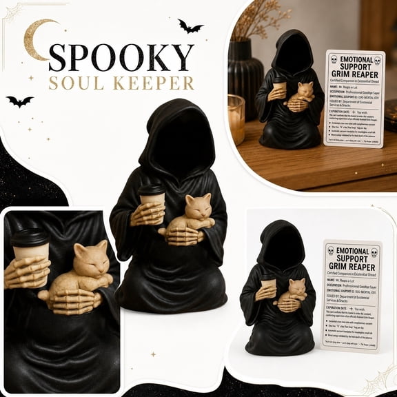 Halloween Gothic Grim Reaper Statue with Cat, 3.9" Black Robe Spooky Figurines, Goth Sculptures Table Centerpiece for Home Office, Desk, Mantel, Bookshelf, Indoor Decorations
