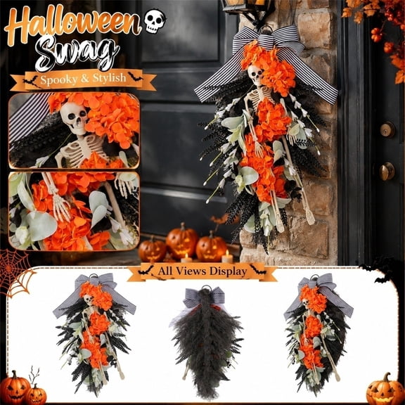 Halloween Gothic Hanging Door Swag, Skeleton Decor with Orange Hydrangea & Black Foliage, Striped Bow Spooky Autumn Ornament for Front Porch, Window, Wall, Farmhouse Holiday Dcor