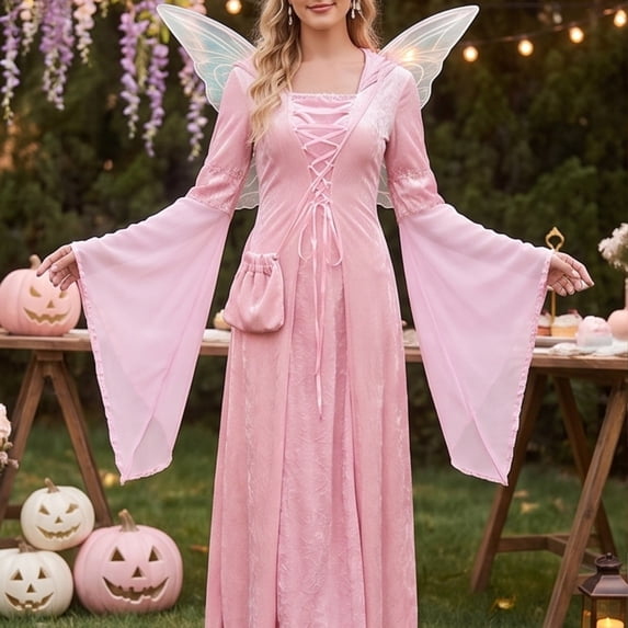 Halloween Gothic Hooded Dress for Women, Batwing Sleeve Medieval Velvet Gown, Elegant Renaissance Costume for Halloween Costume Party Pink 2Xl
