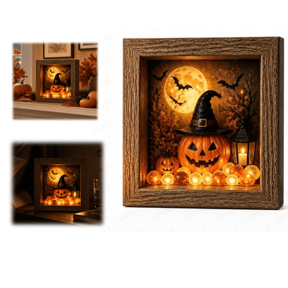 Halloween Gothic LED Lighted Wooden Memory Display Case, Crystal Glass DIY Shadow Box Frame Indoor Festive Decor Ornament