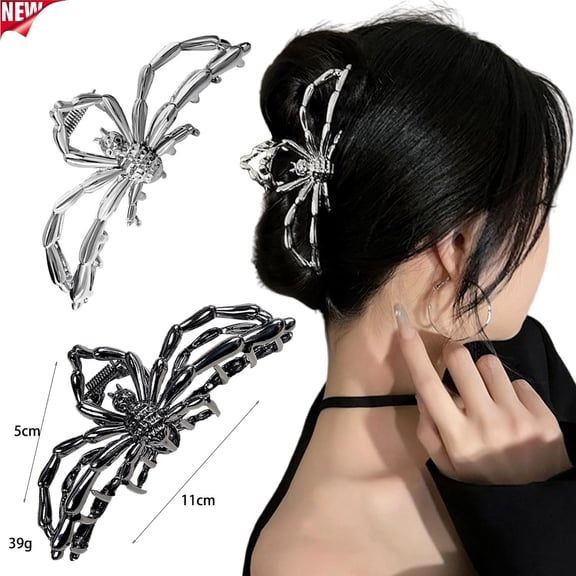 Halloween Gothic Large Claw Hair Clips 2 Pack,Spider & Spiderweb Skeleton Jaw Clips,Non Slip Strong Hold Metal Hair Barrettes, Spooky Goth Costume Cosplay Party Hair Accessories for Women Thick Hair