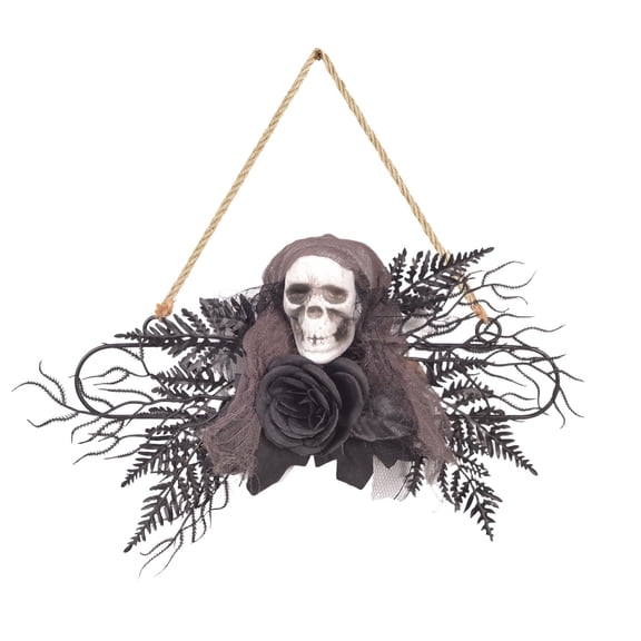 Halloween Gothic Metal Frame Hanging Decor, Floral Skull Pumpkin Artificial Flower Wall Decor, Dark Horror Front Door Wall Hanging Decor (16.5x9.8'')