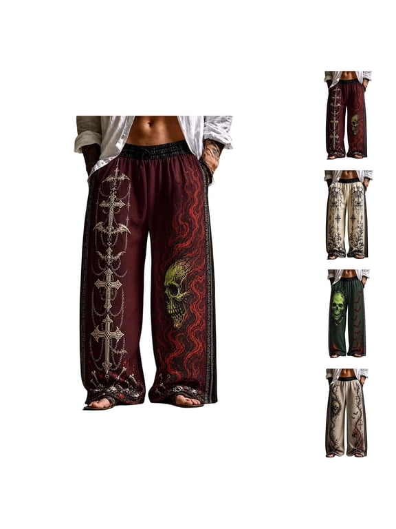 Halloween Gothic Pants Men Fall Winter Elastic Waist Spooky Skeleton Print Wide Straight Leg Baggy Sweatpants with Pockets