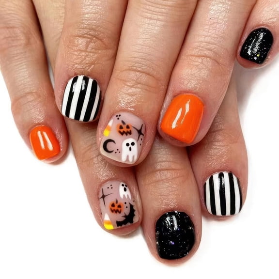 Halloween Gothic Press-On Nails - Medium Almond, 24 Pcs, Ghost & Pumpkin Design