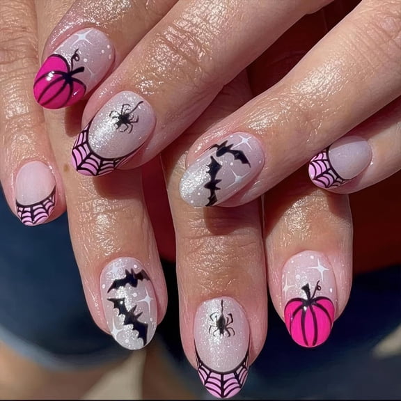Halloween Gothic Press-On Nails - Medium Almond, 24 Pcs, Ghost & Pumpkin Design