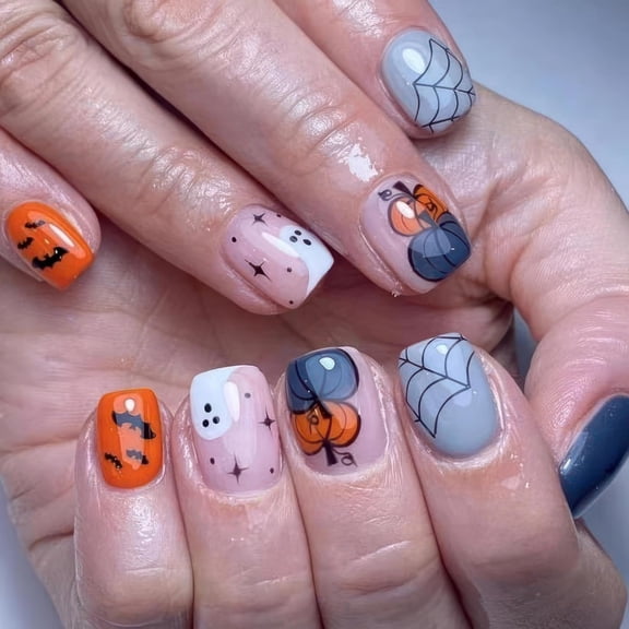 Halloween Gothic Press-On Nails - Medium Almond, 24 Pcs, Ghost & Pumpkin Design