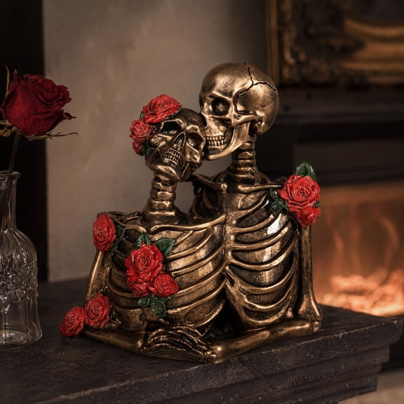 Halloween Gothic Skeleton Couple Figurine, Vintage Kissing Skeleton Resin Statue, Rose Skeleton Couple Sculpture for Holiday Party Decoration
