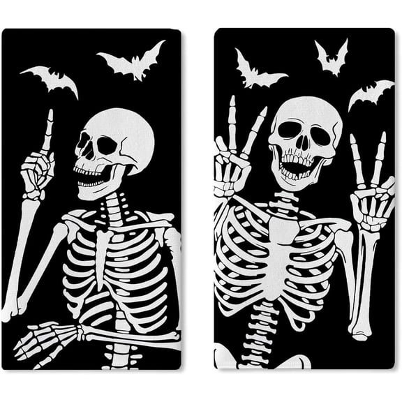 Halloween Gothic Skeleton Kitchen Dish Towels Set of 2, Skull Fingertip Drying Hand Towel Baking Cooking Cloth, Funny Bats Bathroom Home Decoration 18 x 26 Inches