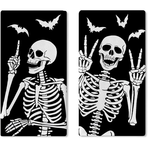 Halloween Gothic Skeleton Kitchen Dish Towels Set of 2, Skull Fingertip Drying Hand Towel Baking Cooking Cloth, Funny Bats Bathroom Home Decoration 18 x 26 Inches