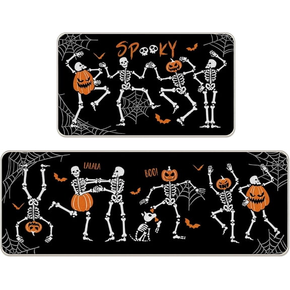 Halloween Gothic Skeleton Kitchen Rugs Set of 2, Spooky Jack O Lantern Pumpkin Skull Kitchen Mats Decor, Spider Web Bat Floor Door Mat Home Decorations - 17x29 and 17x47 Inch