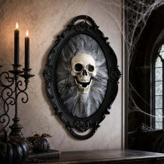 Halloween Gothic Skull Wall Decor, Vintage Black Oval Frame with 3D Spiderweb Skull, ABS Hanging Ornament for Door, Entryway, Haunted House and Party
