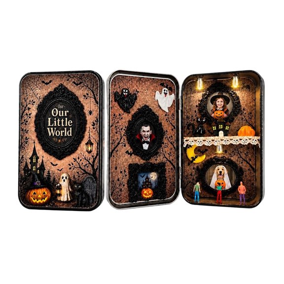 Halloween Gothic Style Metal Tin DIY Shadow Box With Warm LED Lights Mini Sculptures Custom Photo Memory Craft Display For Home Party Decoration(Coffee-15.3x9.2x3cm)