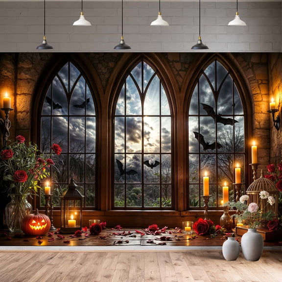 Halloween Gothic Window Backdrop, Spooky Medieval Castle Window View Background with Flying Bats, Dark Academia Vintage Halloween Party Backdrop for Photography,7x5FT