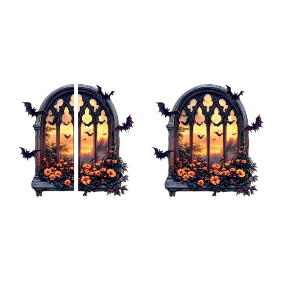 Halloween Gothic Window Wall Decals, Removable Bat Flower Stickers for Home Party Decor, Spooky Sunset Scene Decorations for Living Room, Bedroom, Office, Easy to Apply and Remove, 2 Pieces Set