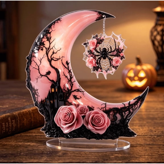 Halloween Gothic Witch 2D Acrylic Decor Tabletop Centerpiece with Stand for Spooky Home and Party (Moon Spider)