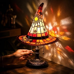 Halloween Gothic Witch Hat Night Light 7 Inch, Halloween Style Stained Glass Table Accent Lamp, Small Bedside Desktop Luminary, Fall Holiday Room Decor (B)