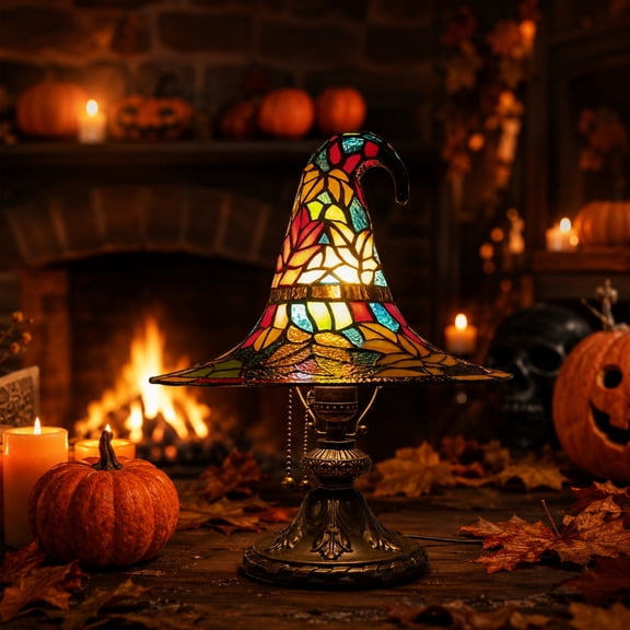 Halloween Gothic Witch Hat Night Light 7 Inch, Tiffany Style Stained Glass Table Accent Lamp, Small Bedside Desktop Luminary, Fall Holiday Room Decor