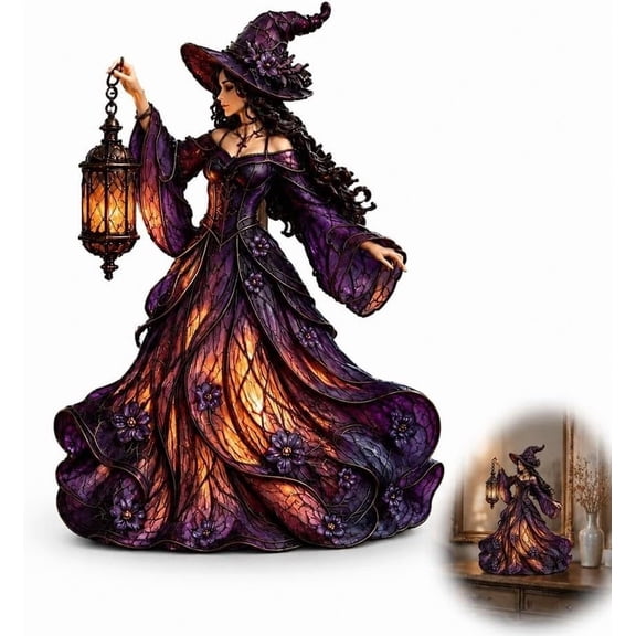 Halloween Gothic Witch Resin Figurine, Glowing Lantern Witch Statue, Vintage Purple Witch Tabletop Ornament for Mantel, Desk & Home Decoratoion