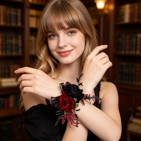 Halloween Gothic Wrist Corsage Black Red Rose, Artificial Flower Bridesmaid Wristlet for Dark Wedding, Masquerade & Costume Party, Vampire Bride Accessory