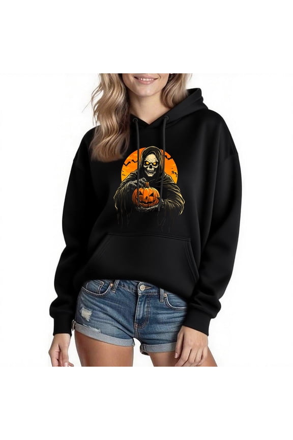 Halloween Graphic Hoodies for Women Ghost Drawstring Hoodies Classic Hooded Sweatshirt Jacket with Pocket Fall Outfit L