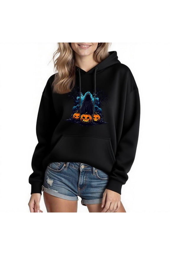 Halloween Graphic Hoodies for Women Pumpkin Midweight 100% Cotton Hoodie Regular Fit Hooded Jacket with Pocket Streetwear XL