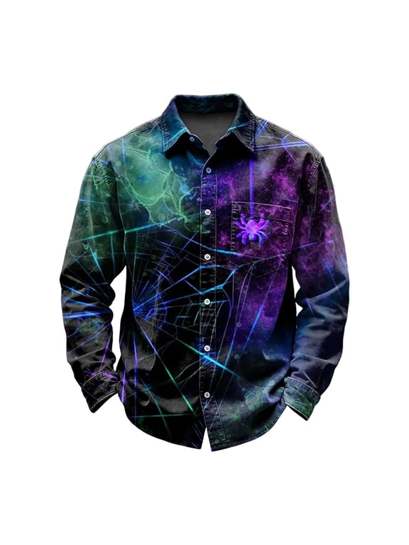 Halloween Graphic Shirts for Men Skull Pumpkin Printed Long Sleeve Shirts Purple M