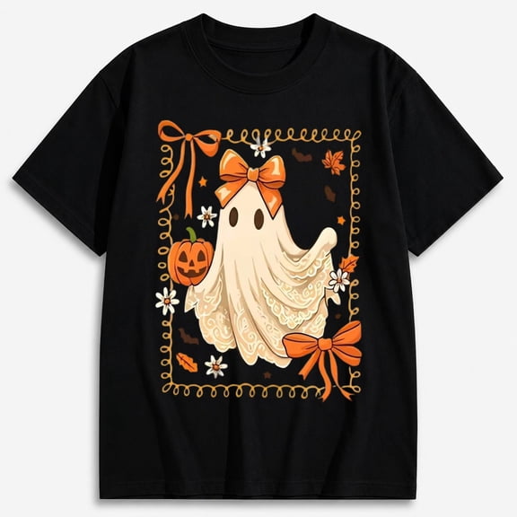 Halloween Graphic T-Shirt, Floral Ghost with Pumpkin and Bows, Spooky Season Short Sleeve Casual Shirt