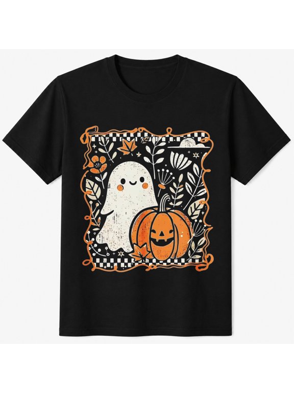 Halloween Graphic T-Shirt, Ghost and Pumpkin Patch Frame, Spooky Season Short Sleeve Casual Shirt