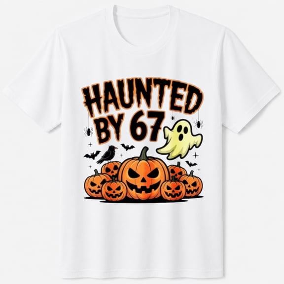 Halloween Graphic T-Shirt, Haunted by 67 Ghost and Pumpkins, Spooky Season Short Sleeve Casual Shirt
