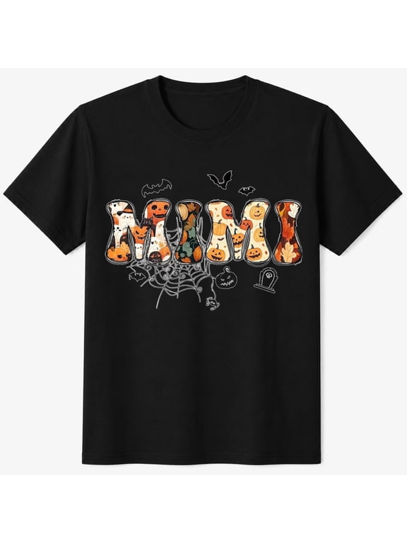 Halloween Graphic T-Shirt, Mimi Halloween Character Lettering, Spooky Season Short Sleeve Casual Shirt