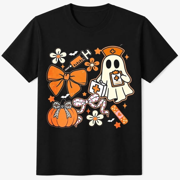 Halloween Graphic T-Shirt, Nurse Ghost with Bow and Pumpkins, Spooky Season Short Sleeve Casual Shirt