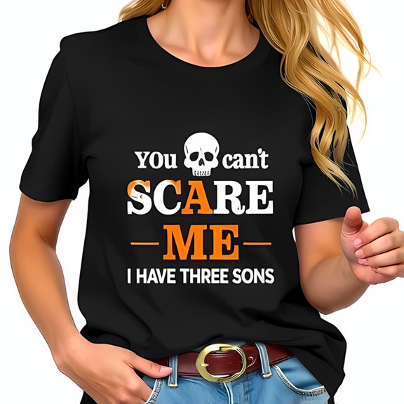 Halloween Graphic T-Shirt for Women - " You Can't Scare Me " Design with Orange Text - Casual Cotton Short Sleeve Tee